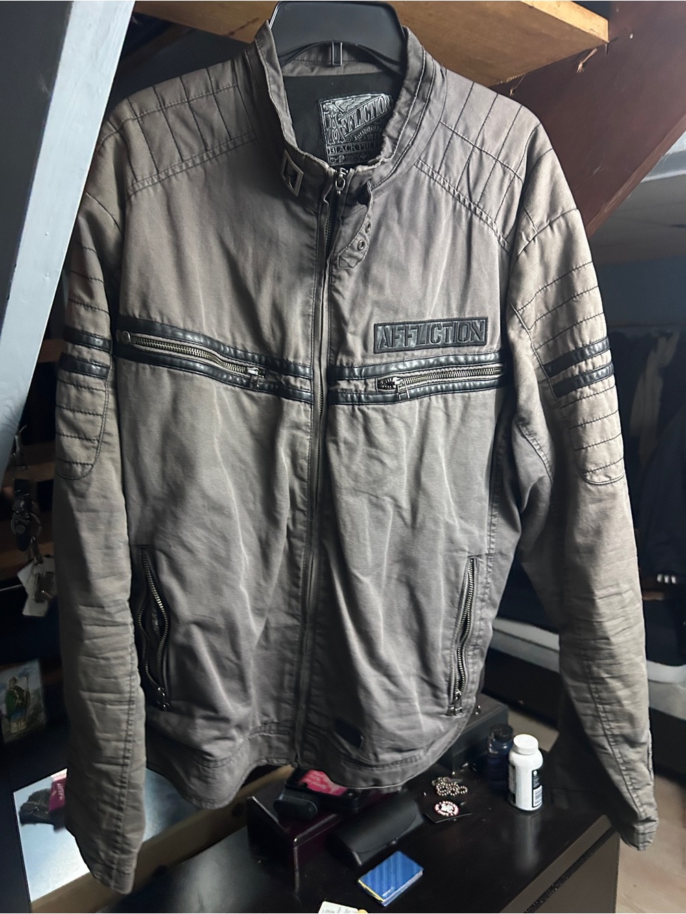 Affliction Men's Taupe Gray Zip-Up Moto Jacket